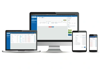 Eine Illustration der CMS-Weboberfläche auf drei verschiedenen Endgeräten: Desktop-Monitor, Notebook und Mobilgerät.