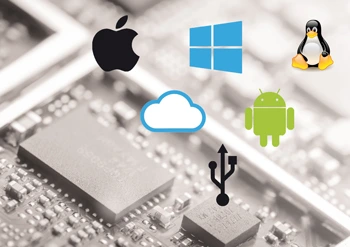 Eine Illustration mit Symbolen für Windows, Apple, Android, einem Cloud-Symbol und einem USB-Symbol über einer Leiterplatine