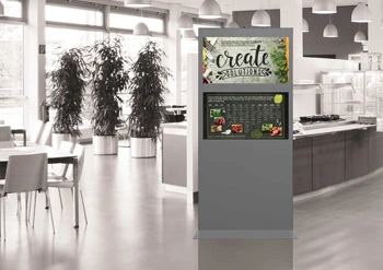 Eine Digital Signage Stele mit zwei Bildschirmen im Querformat, in einer Caféteria.